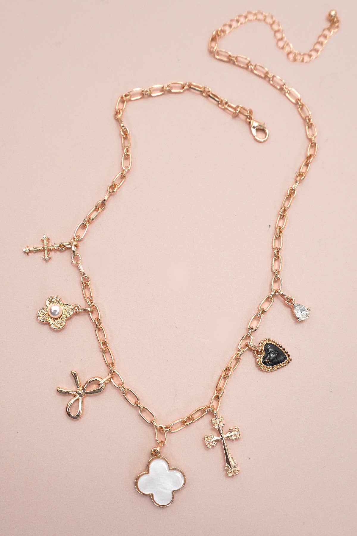 CHARM NECKLACE-CLOVER BOW CROSS HEART FLOWER | GOLD