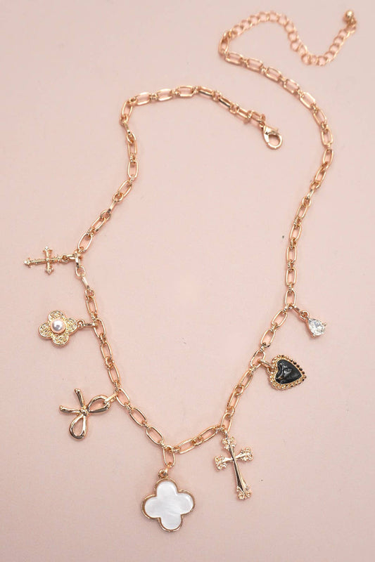 CHARM NECKLACE-CLOVER BOW CROSS HEART FLOWER | GOLD