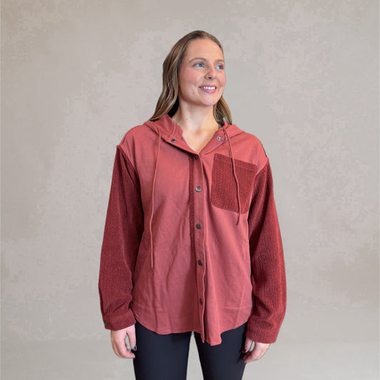Red Clay Button Down Hooded Blouse
