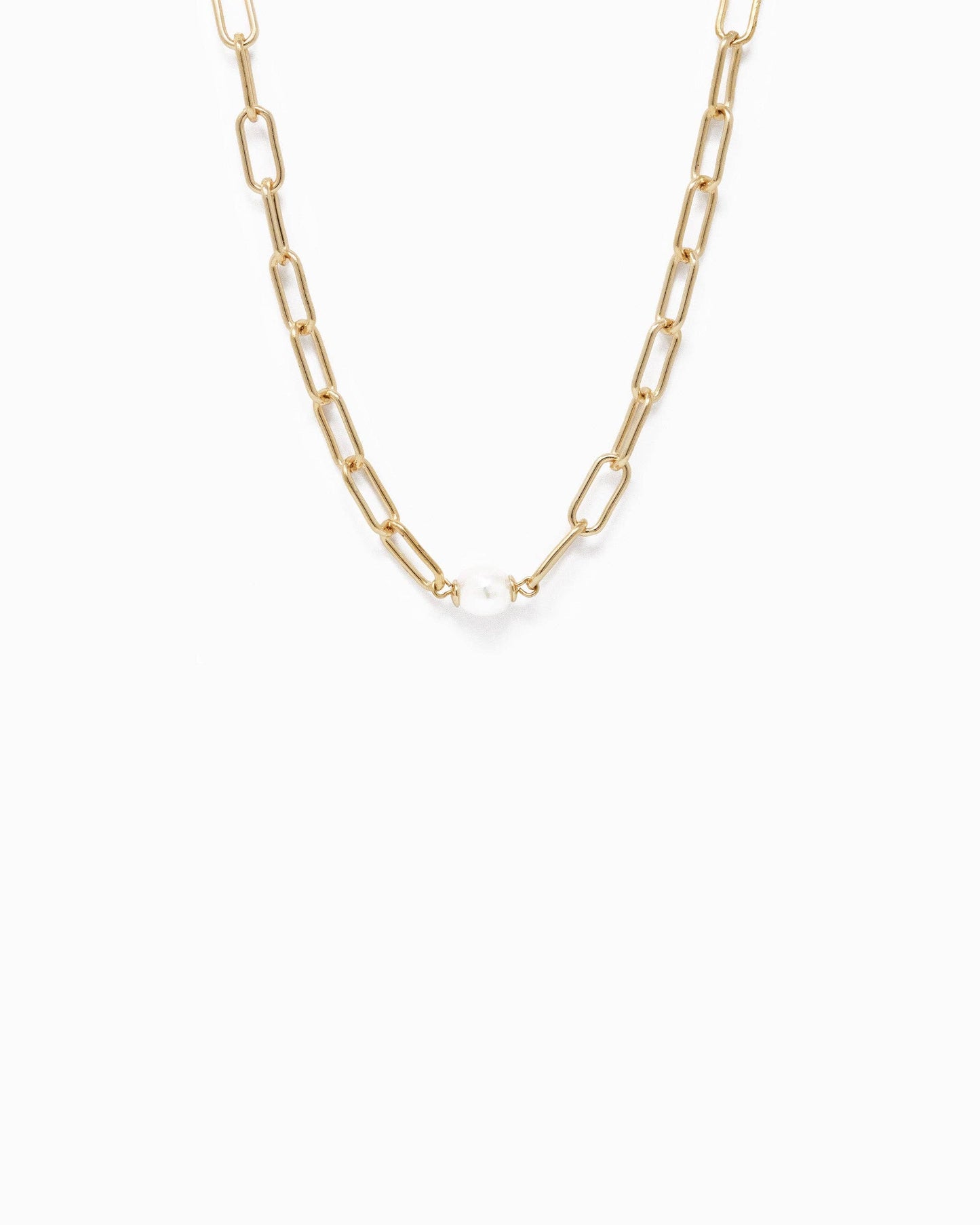 Paperclip w/freshwater pearl pendant necklace: Gold