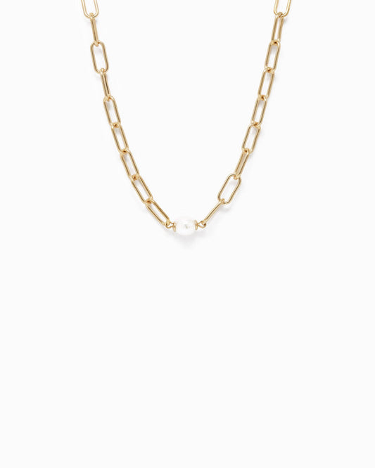 Paperclip w/freshwater pearl pendant necklace: Gold