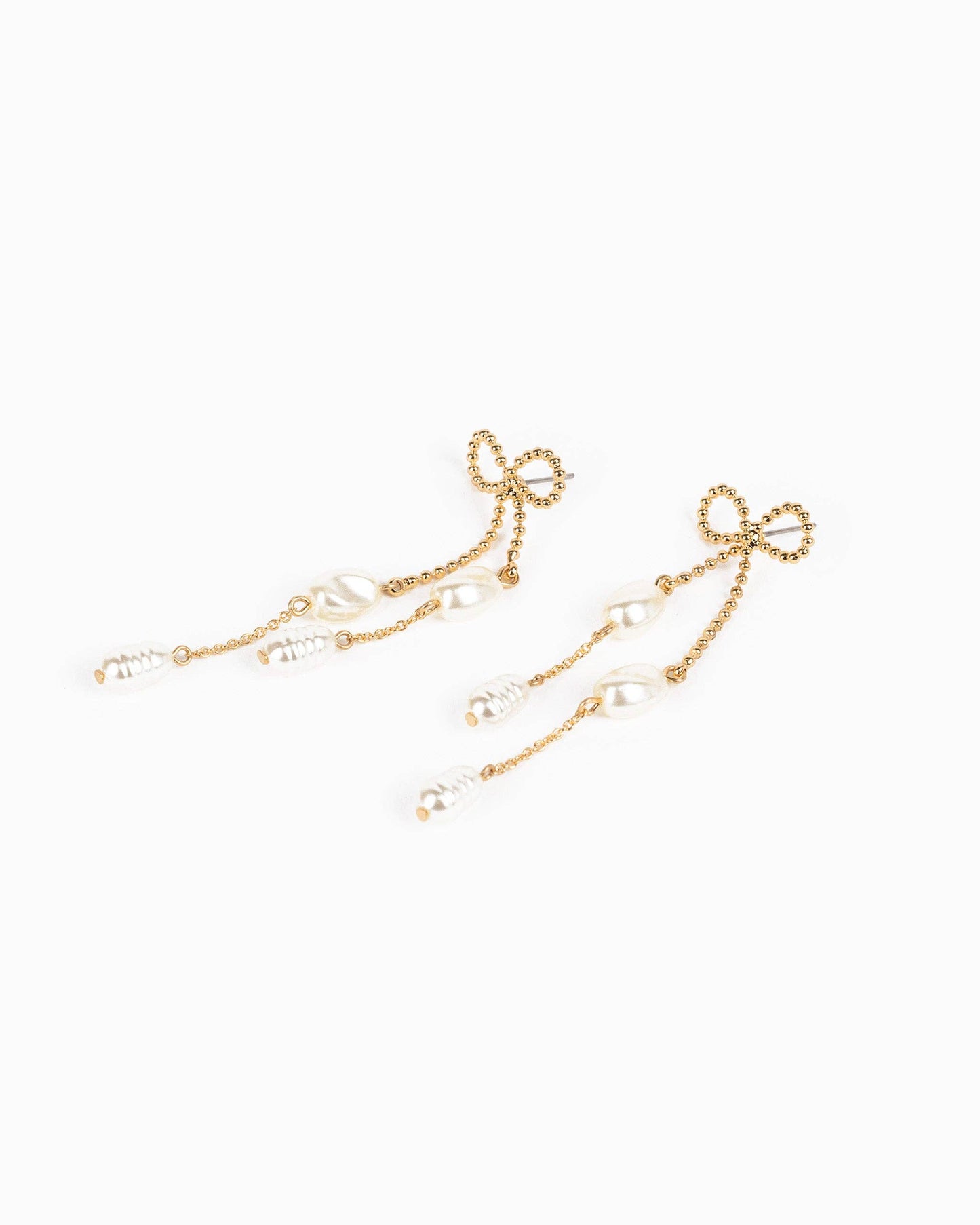 Long Bow Pearl Deco Drop Earrings: Gold