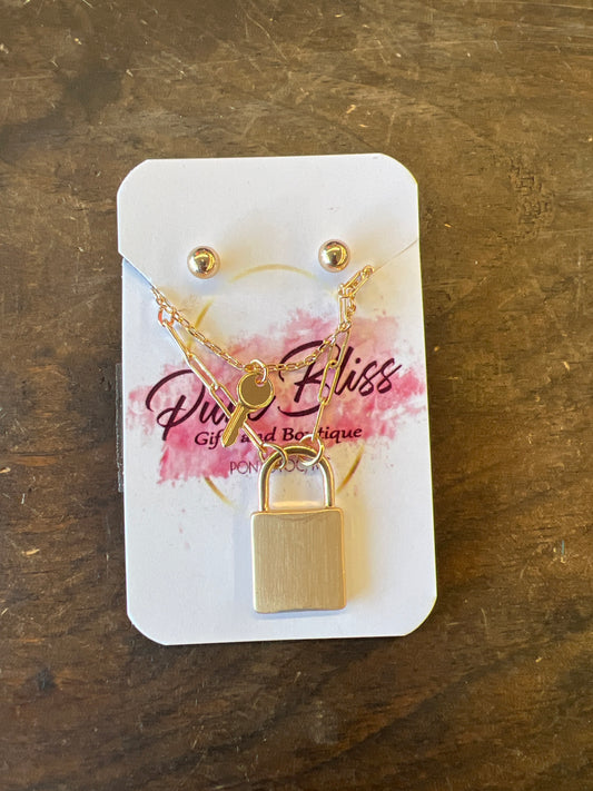 Lock and Key Necklace & Earring Set