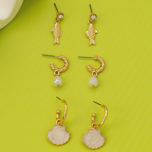 Fish Shell Pearl Marine Trio Earring Set
