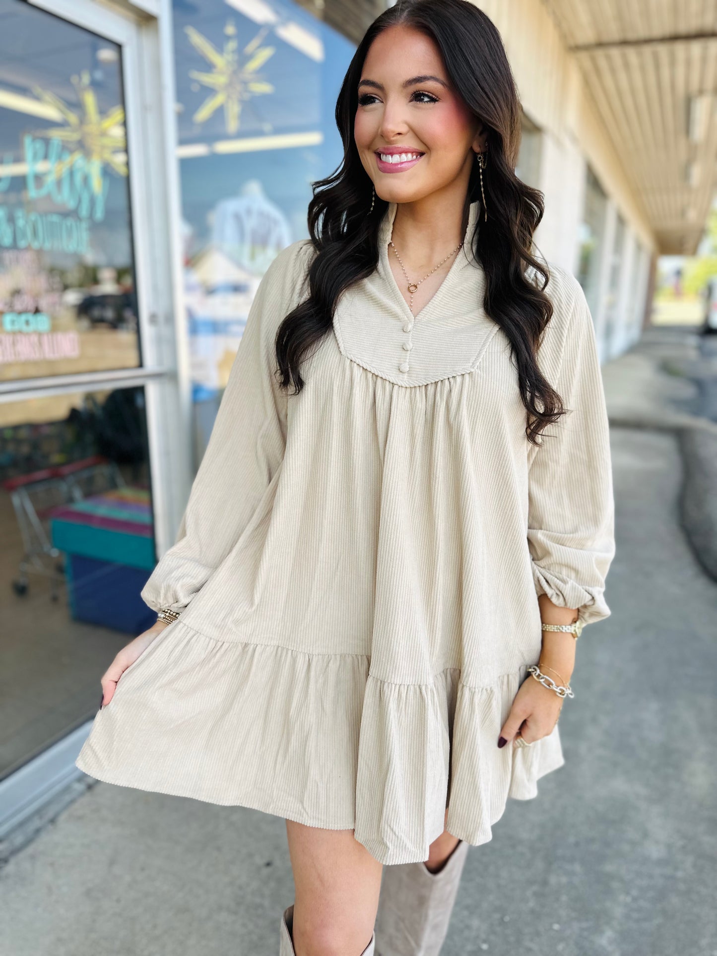 Natural Corduroy Tiered Babydoll Dress