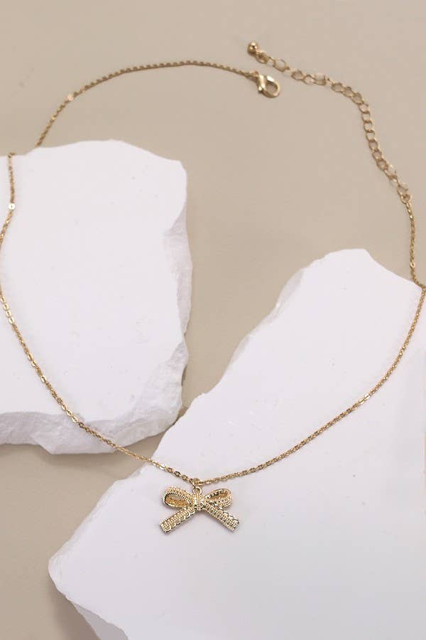 LACE BOW CHARM PENDANT NECKLACE | Gold