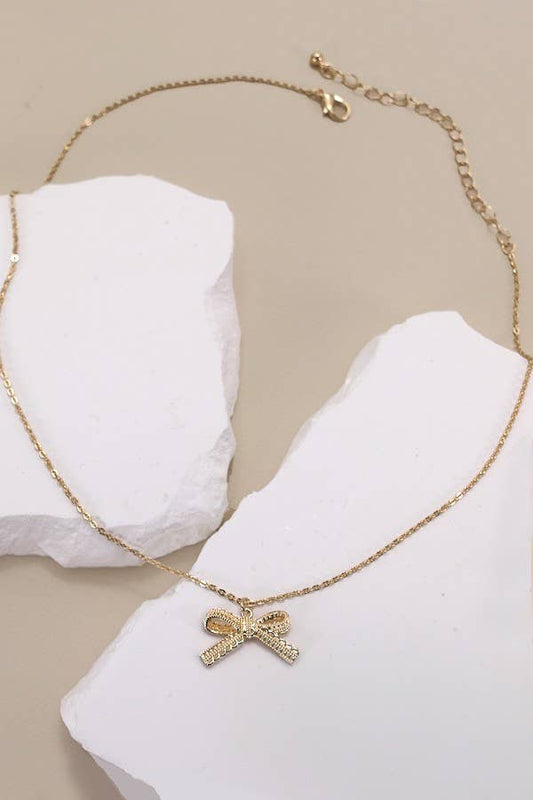 LACE BOW CHARM PENDANT NECKLACE | Gold