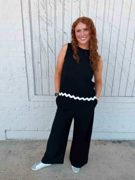 Solid Ric Rac Trim Pants Set