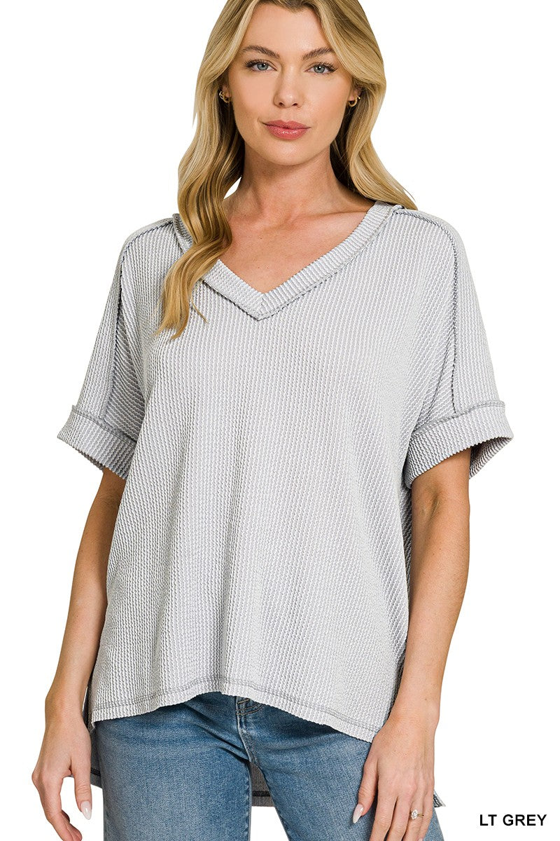 Rib Short Sleeve Hi-Low V-Neck Top - Light Grey