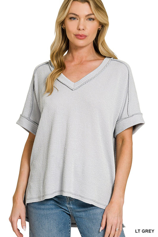 Rib Short Sleeve Hi-Low V-Neck Top - Light Grey
