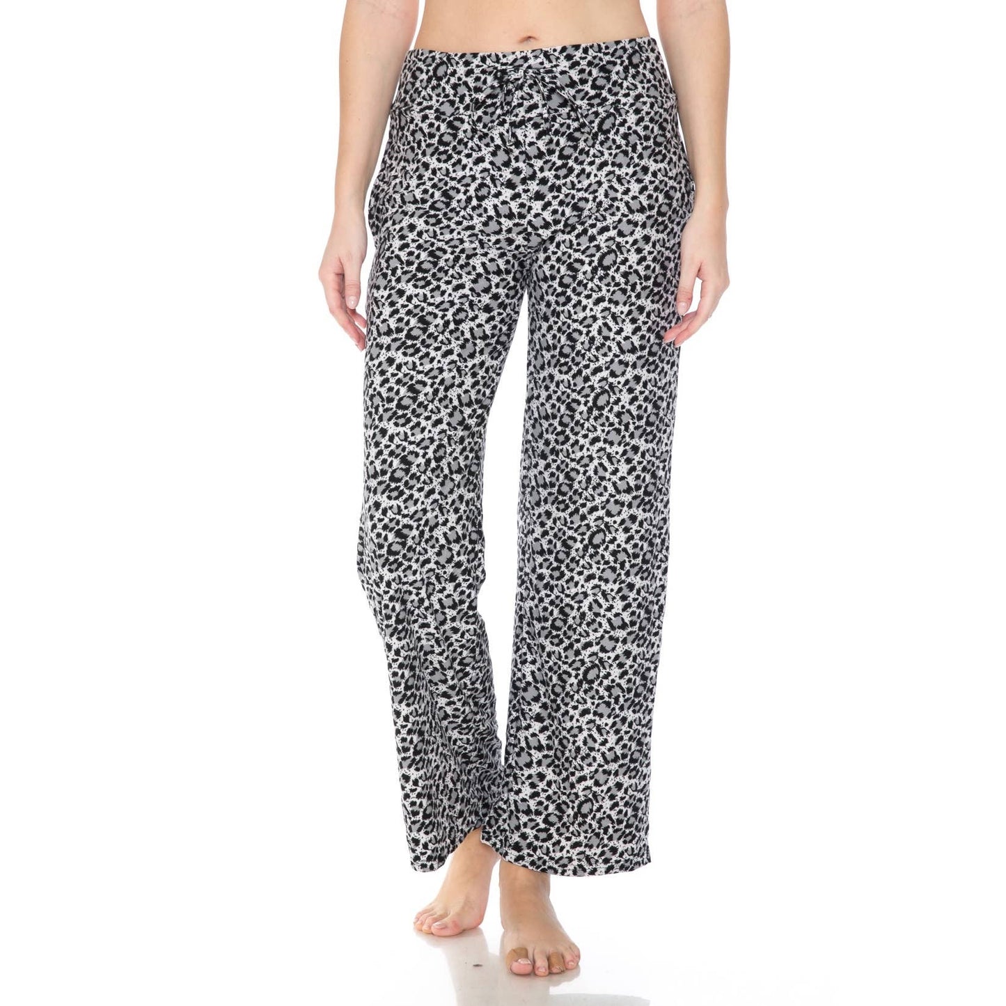 Grey & White Leopard Print Pajama Pants with Drawstring