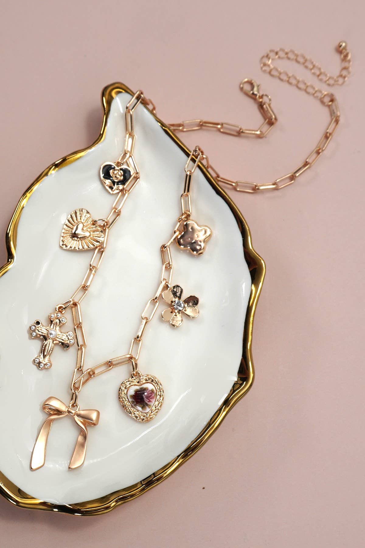 CHARM NECKLACE-PORCELAIN FLORAL BOW CROSS HEART | GOLD