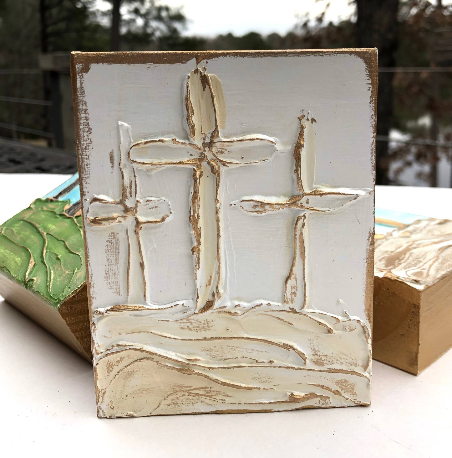 4x6 Easter "On Calvary" hand painted textured wood block: Whites