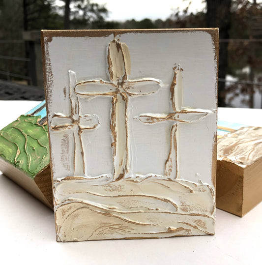 4x6 Easter "On Calvary" hand painted textured wood block: Whites