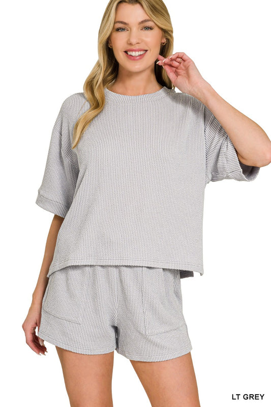 Rib Short Sleeve Set - Light Grey