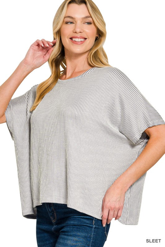 Ribbed Stripe Oversized Short Sleeve Top - Sleet