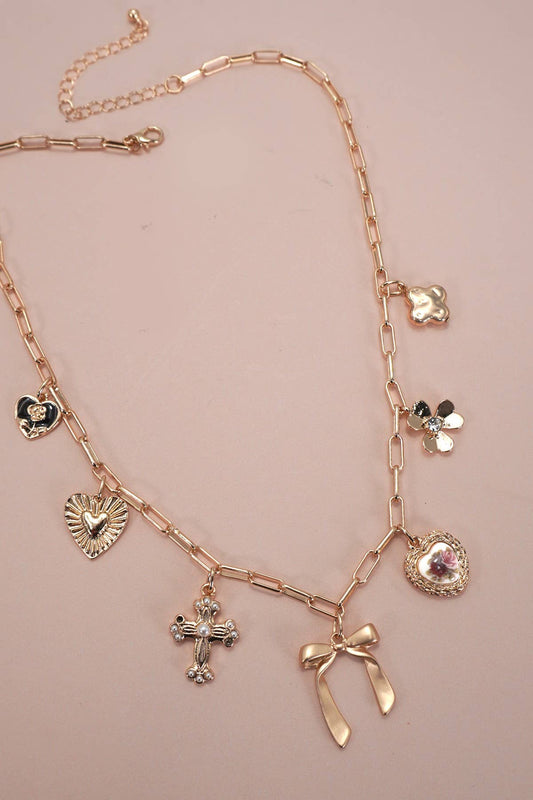 CHARM NECKLACE-PORCELAIN FLORAL BOW CROSS HEART | GOLD