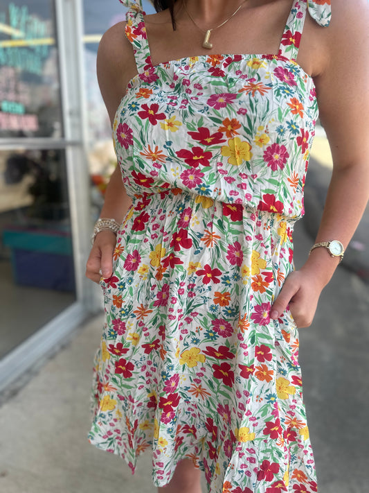 Floral Knotted Straps Elastic Waist Mini Dress