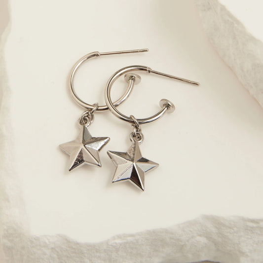 Star Charm Silver Hoop Earrings