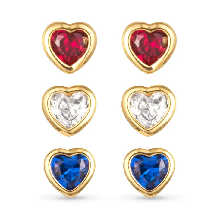 Gold Red White Blue Heart Stud Trio