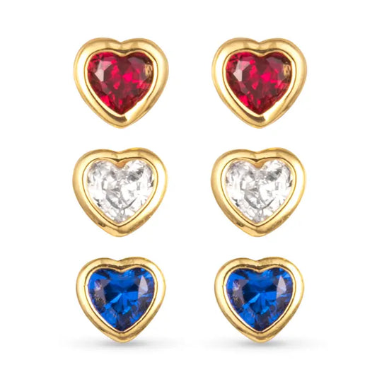 Gold Red White Blue Heart Stud Trio