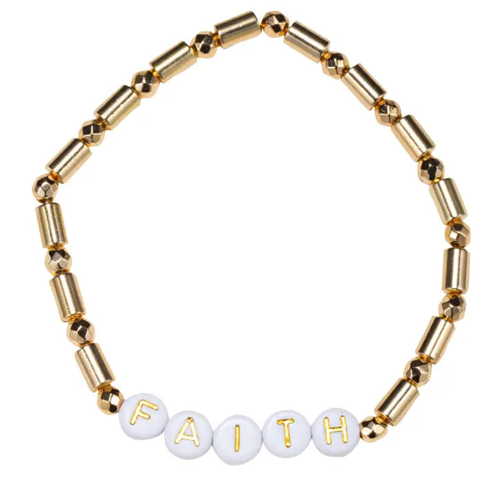 Gold Tubular Beaded Stretch Bracelet - Faith