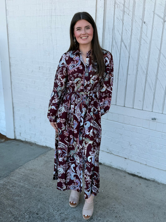 Merlot Paisley Button-Down Midi Dress