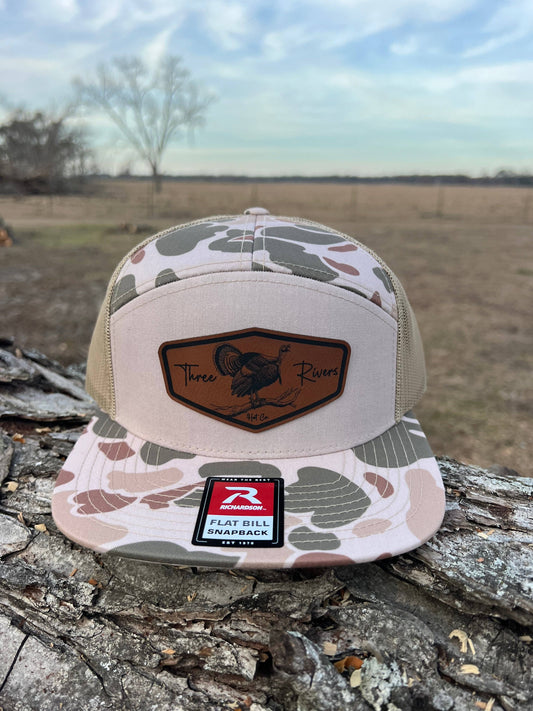 Gobbler on the Roost - Flatbill Snapback Hat - Richardson 168p- Buckle Style Patch: Old School Tan