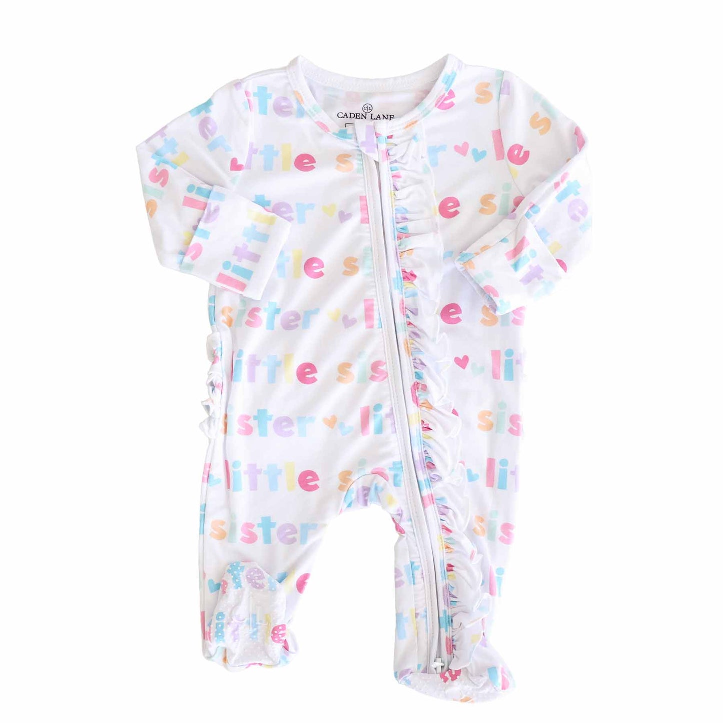 Little Sibling Zipper Footie: Little Sister / 0-3 months