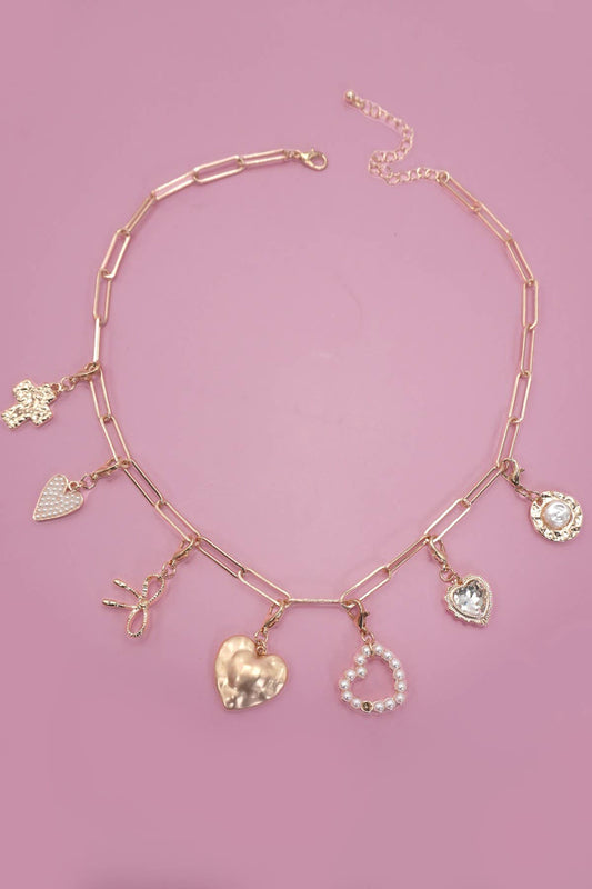 BOW HEART REMOVABLE MULTI CHARM NECKLACE | Gold