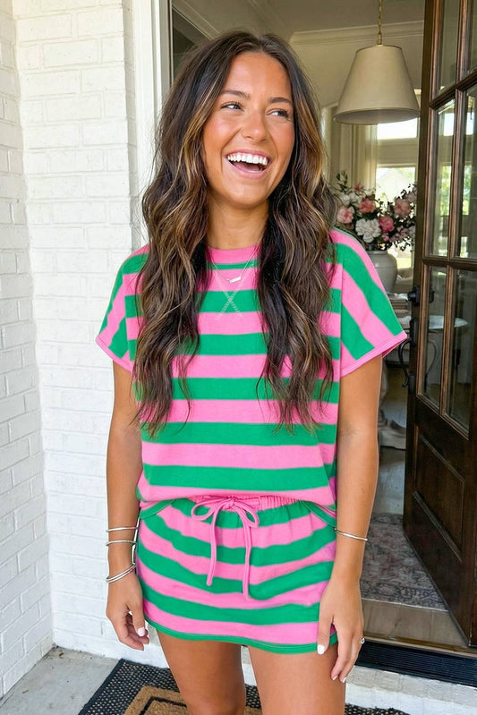 Stripe Tee Drawstring Skort Set - Rose Stripe / Missy