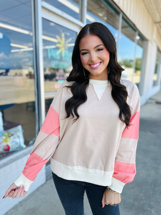 Color Block Textured Patchwork Pullover Sweatshirt