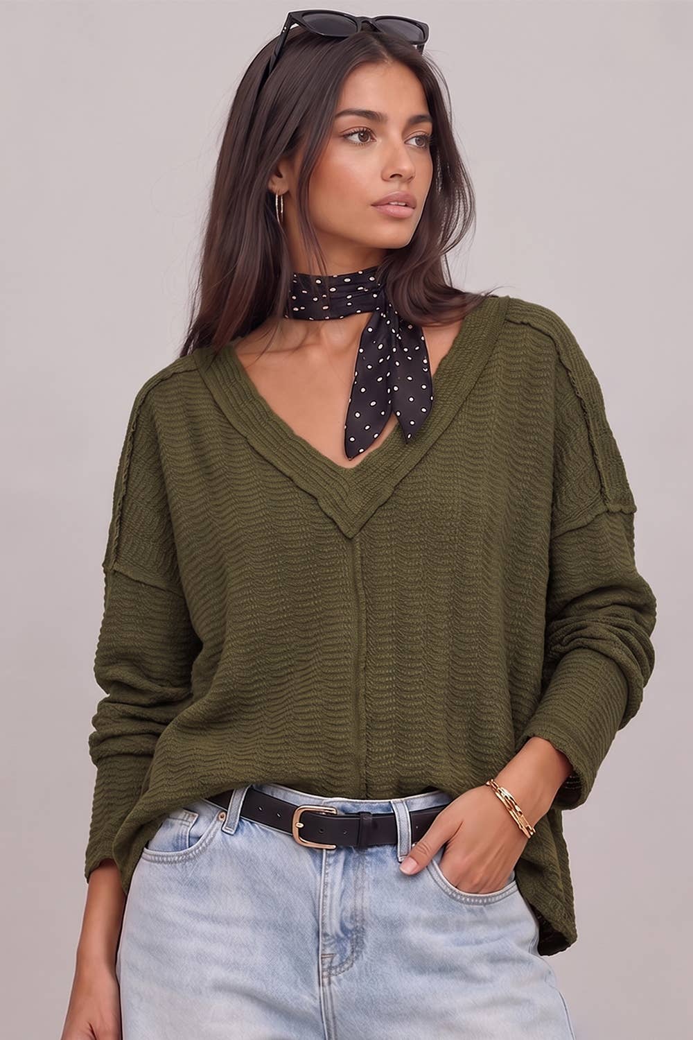 Olive Open Weave V-Neck Top