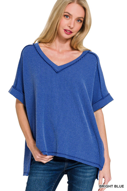 Rib Short Sleeve Hi-Low V-Neck Top - Bright Blue