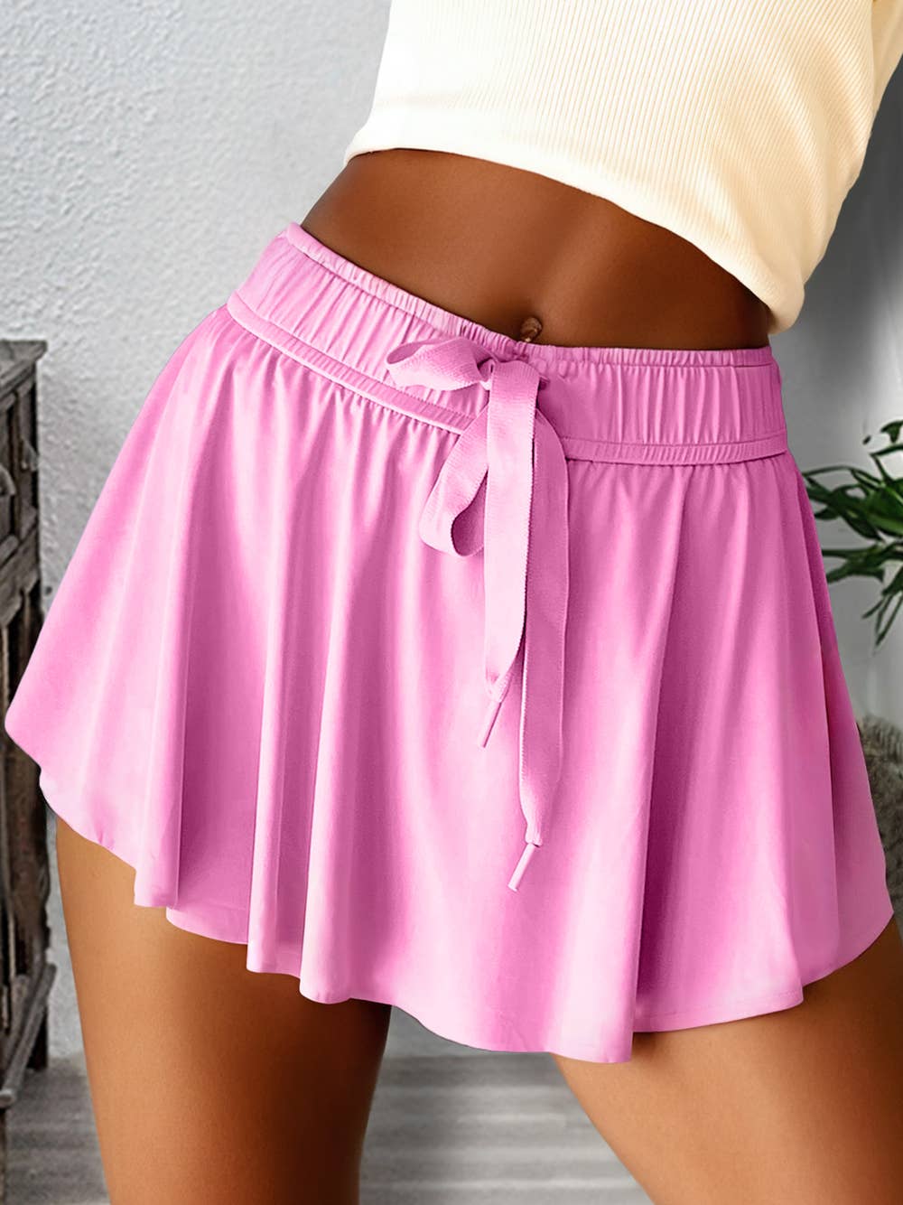 Drawstring High Waist Lined Tennis Skorts - Pink