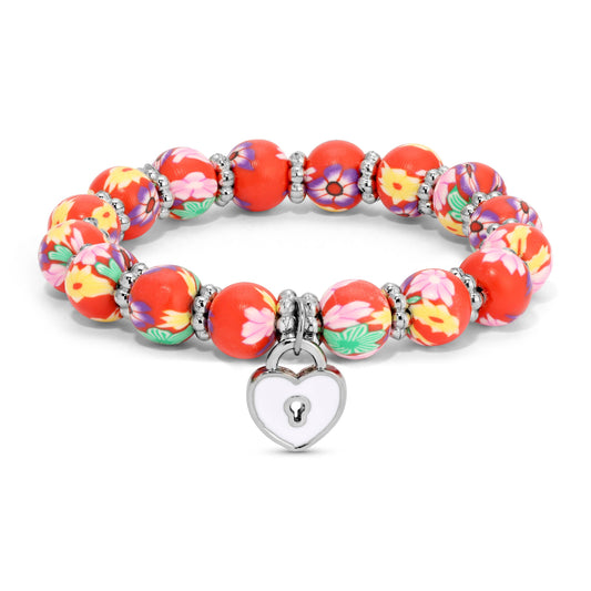 Kids Clay Beaded Stretch Charm Bracelets  |  Red Floral+white heart lock charm