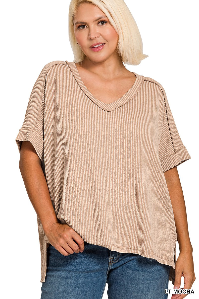 Rib Short Sleeve V-Neck Top - Light Mocha +