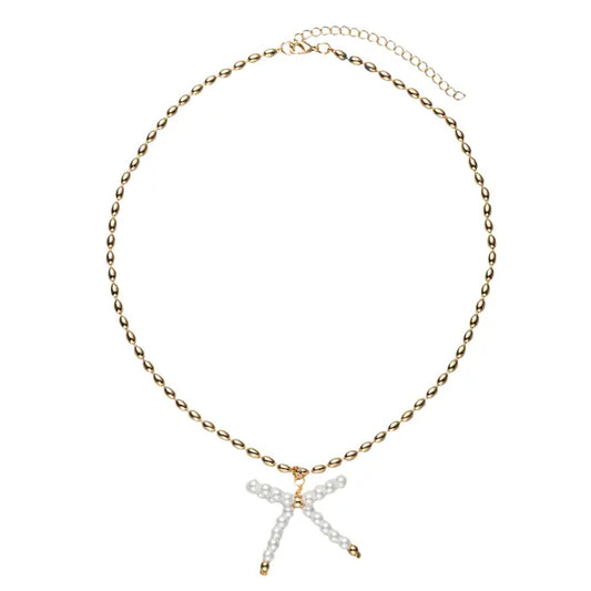 Gold Beaded Necklace W/ Pearl Beaded Bow