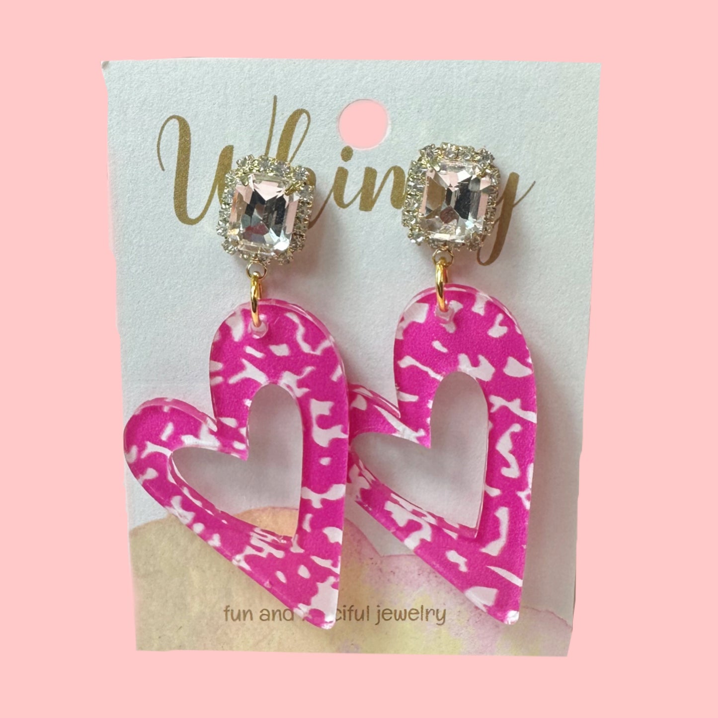 Diamond w Pink Heart Earrings