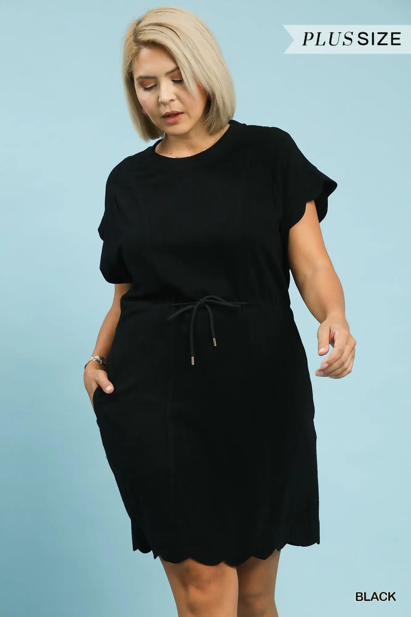 Black Scallop Linen Mini Dress +
