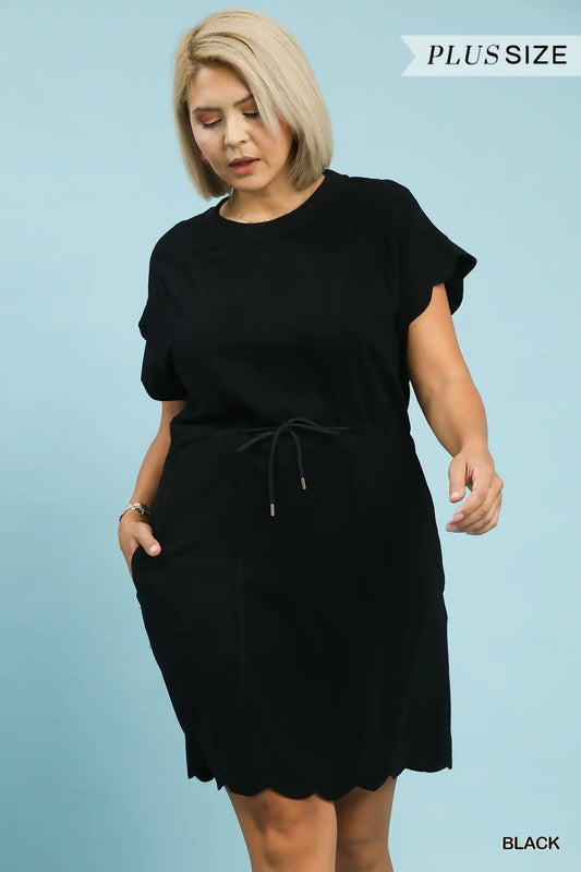 Black Scallop Linen Mini Dress +