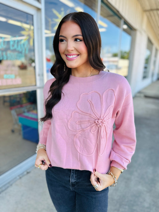 Solid Color Big Flower Accent Drop Shoulder Sweater