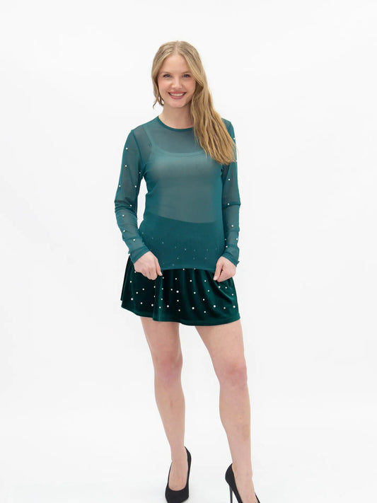 Mesh Long Sleeve Top W/ Pearls - Green