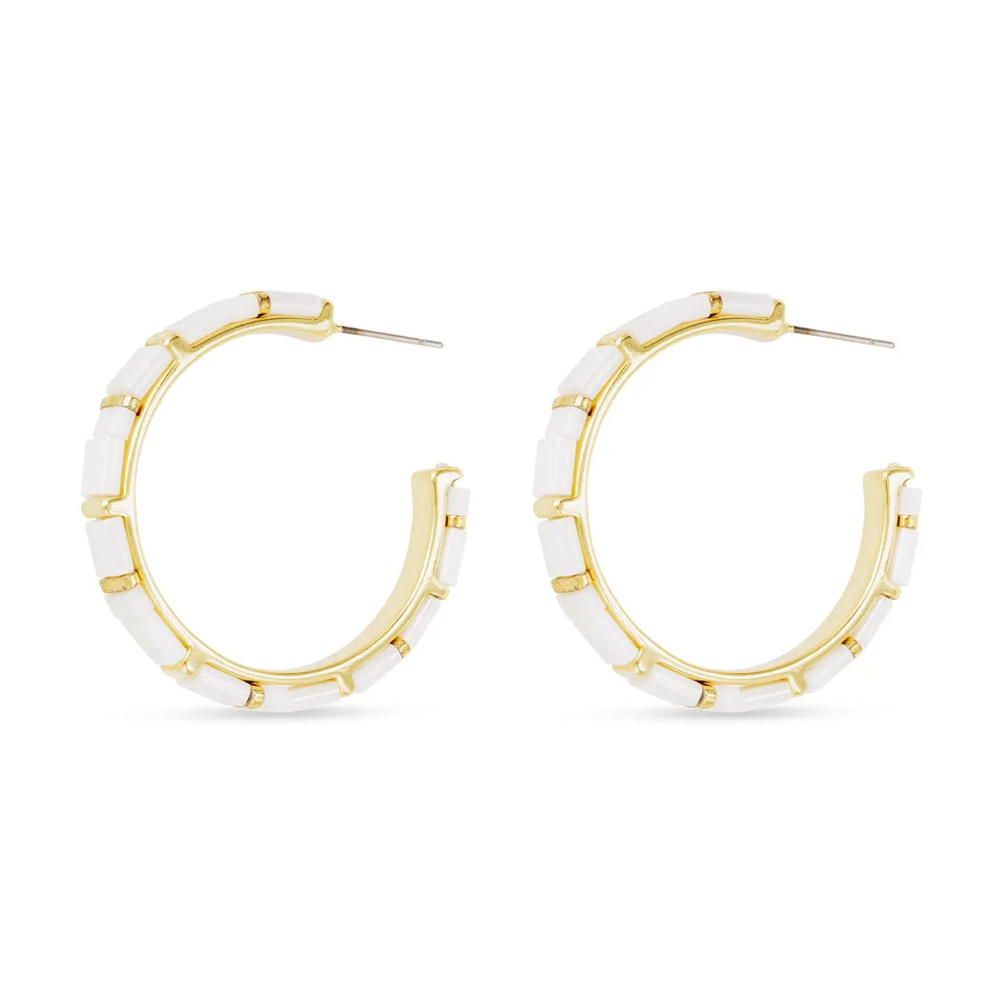 Gold White Patterned Flat Bead Hoop Earrings