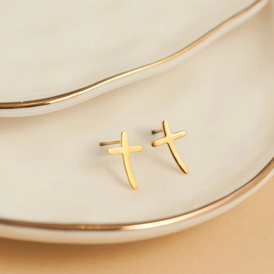 Gold curved cross earring