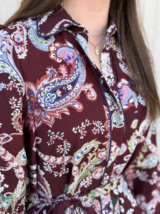 Merlot Paisley Button-Down Midi Dress