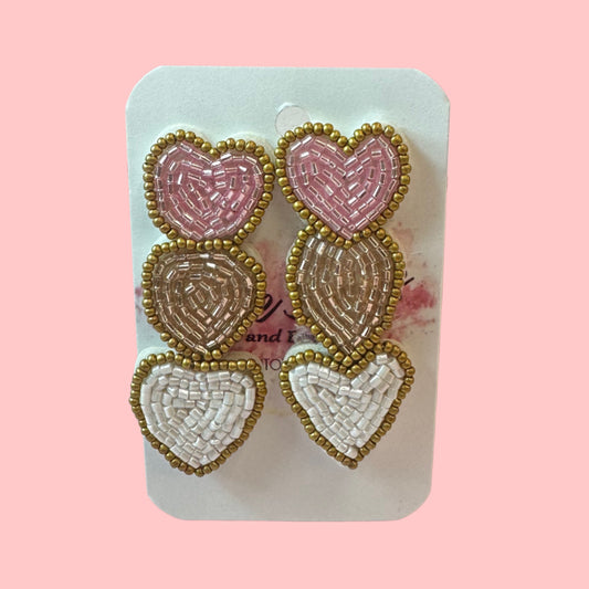 Triple Heart Pink Gold & White Earring