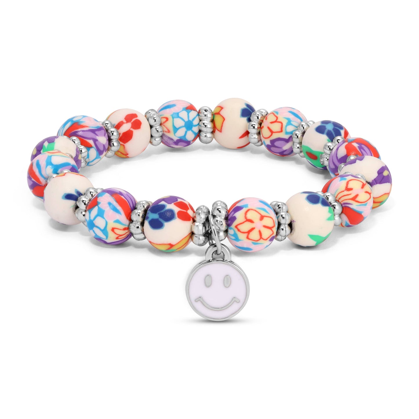 Kids Clay Beaded Stretch Charm Bracelets  |  Multi & White Floral+white happy face charm