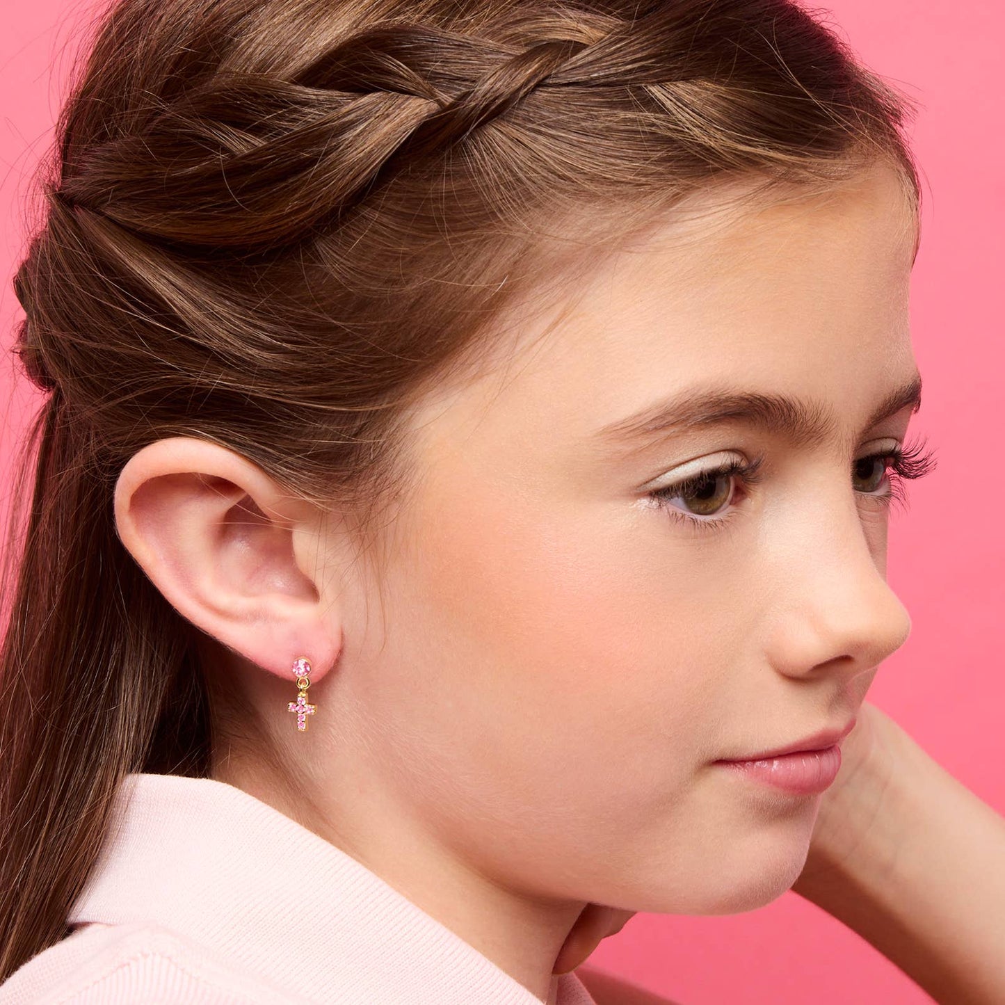 Little Luxe Drop Earrings | Cross with Pink Cubic Zirconia
