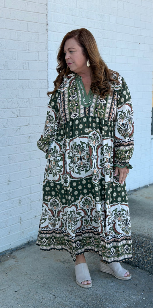 Olive Mix Tiered Maxi Dress